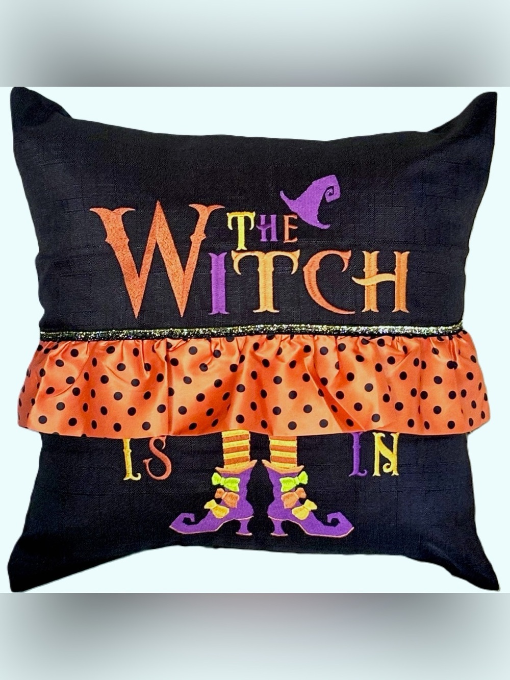 Embroidered Halloween The Witch is In Orange Polka Dot Ruffle Pillow Cover New